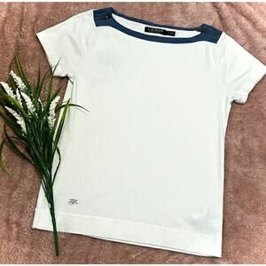 Ralph Lauren women's white crew neck t-shirt with zip & denim shoulder accents